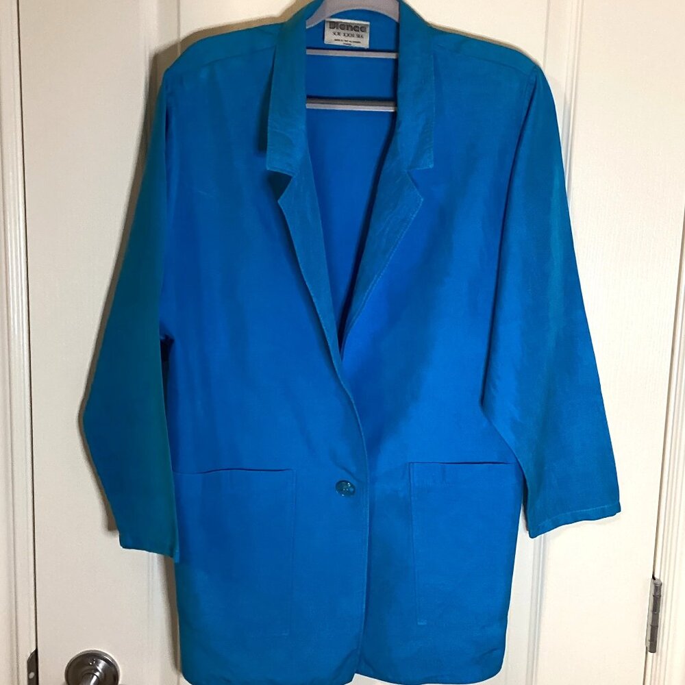Bianca Vintage Women's Silk Blue Boyfriend Blazer Oversized Jacket Size 8 Y2K